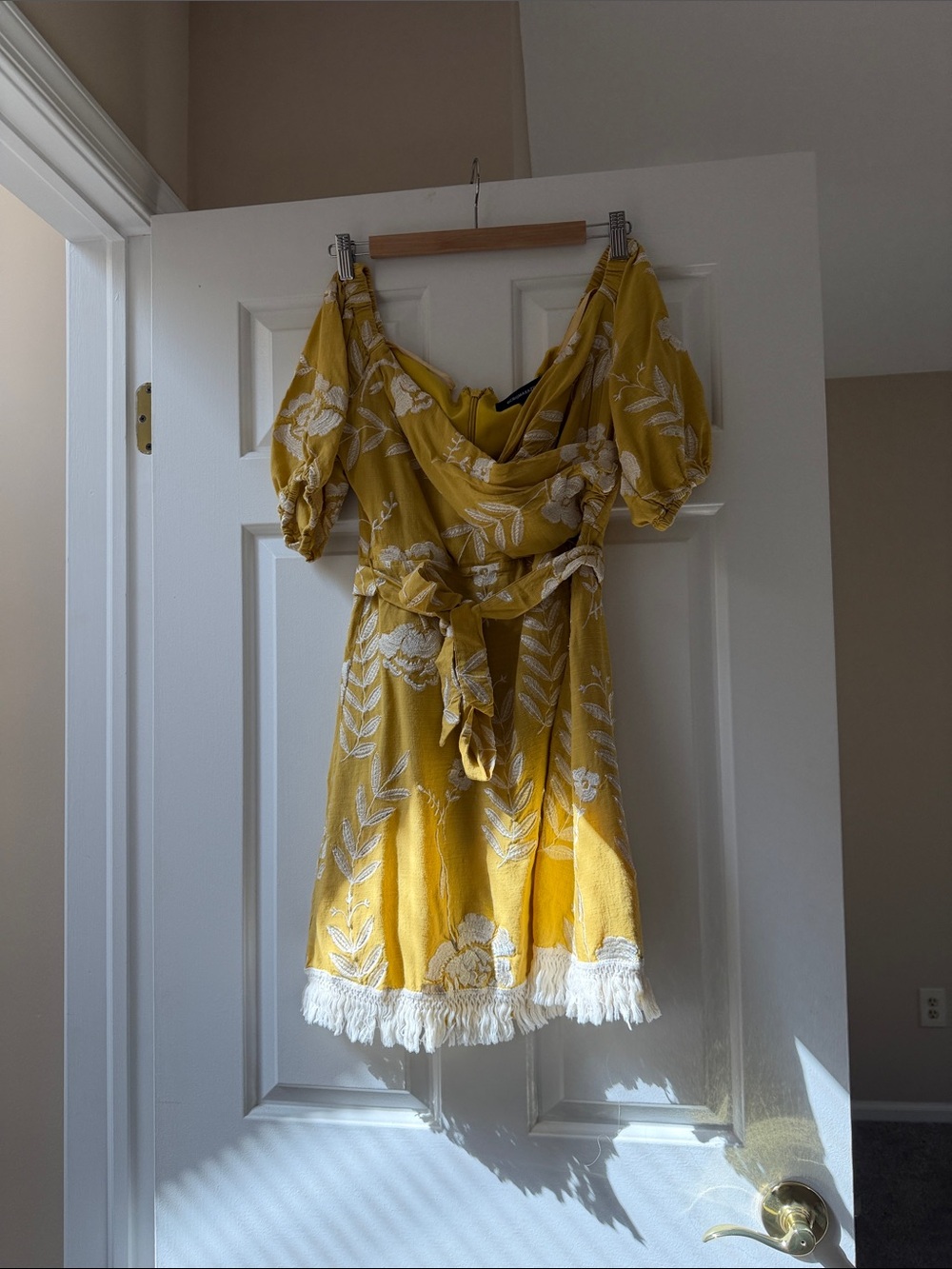 BCBGMaxAzria Yellow Floral Off-Shoulder Mini Dress with Fringe